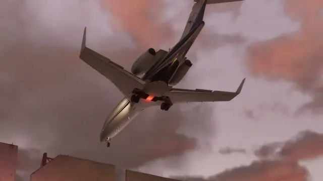 GTA 6 Buckingham Shamal private jet flying low under a pink sunset sky