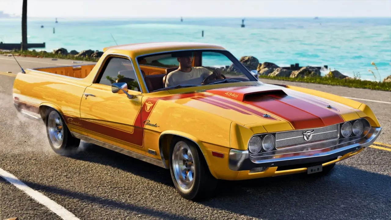 Jason driving a yellow GTA 6 Vapid Ganado pickup with a red racing stripe along the coast