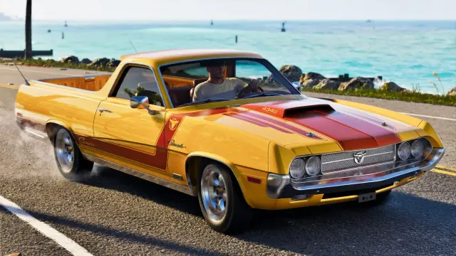 Jason driving a yellow GTA 6 Vapid Ganado pickup with a red racing stripe along the coast