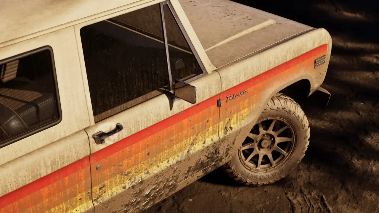 Dusty beige GTA 6 Riata off-roader with orange and yellow stripes and Riata script