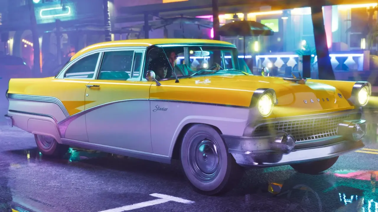 Two-tone yellow and white GTA 6 Vapid Stanier '55 sedan under neon lights at night