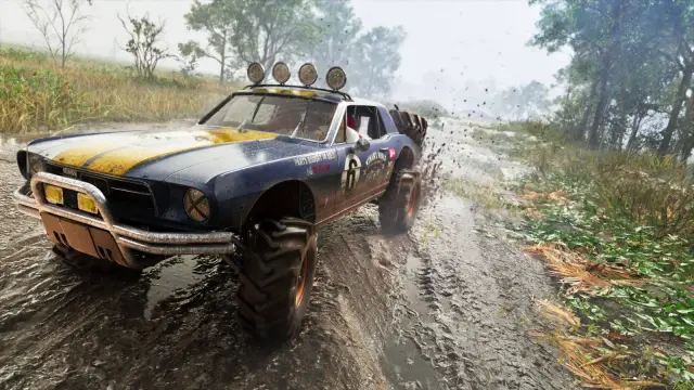 Lifted blue GTA 6 Vapid Dominator Buggy '67 with roof lights driving through a muddy trail