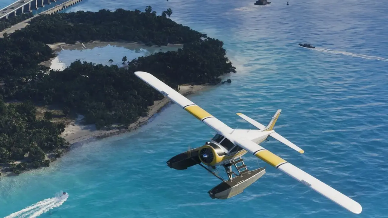White GTA 6 Mammoth Dodo seaplane with yellow stripes flying over the Leonida Keys