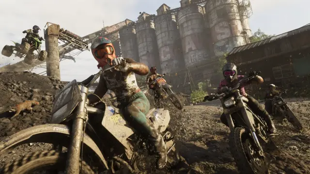 Riders racing GTA 6 Maibatsu Manchez dirt bikes through mud near abandoned silos